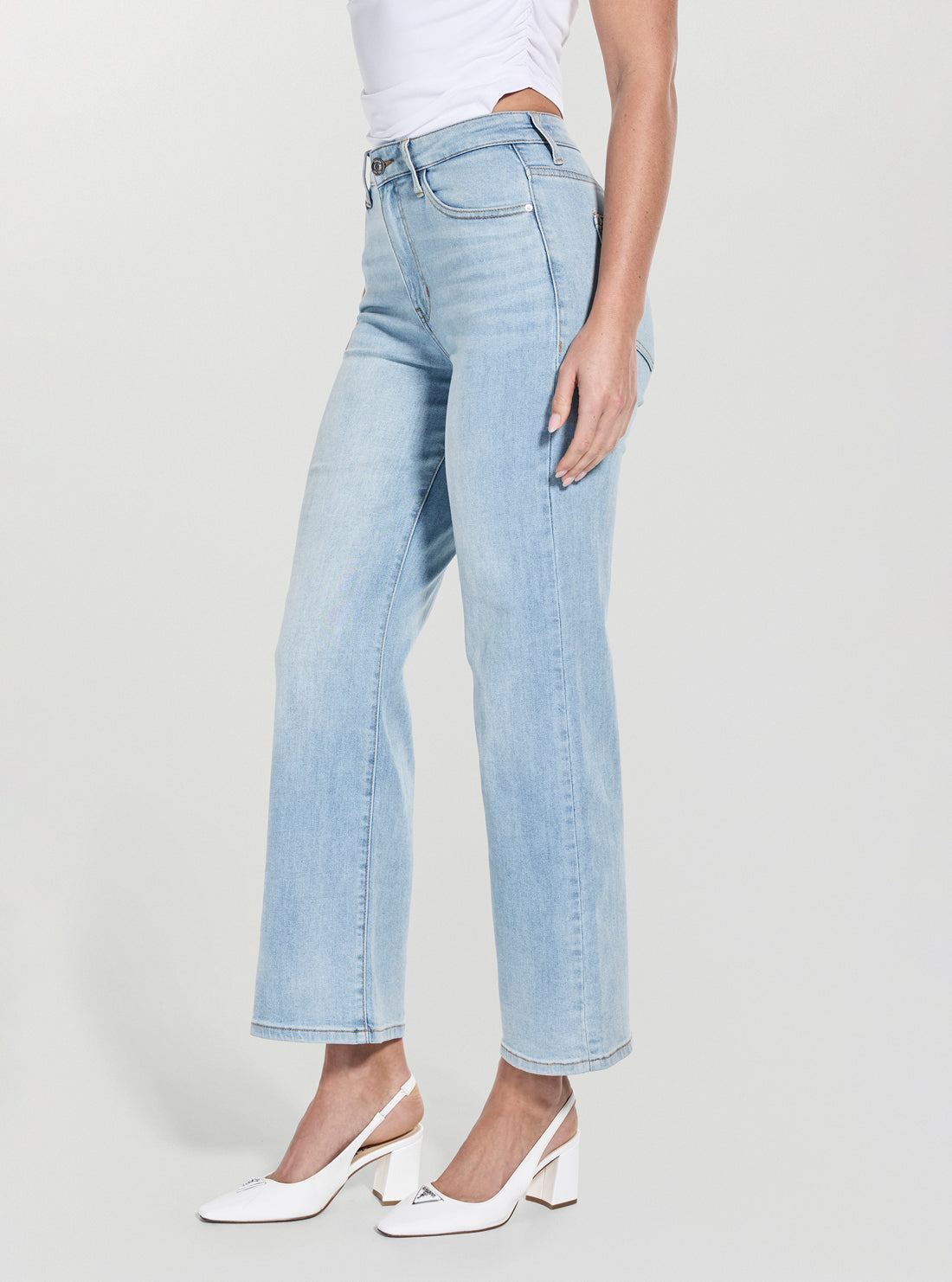 GUESS Womens Cantina Mid Rise Wide Leg Jeans in Light Wash W5YA2JD5LK0 Front Side View