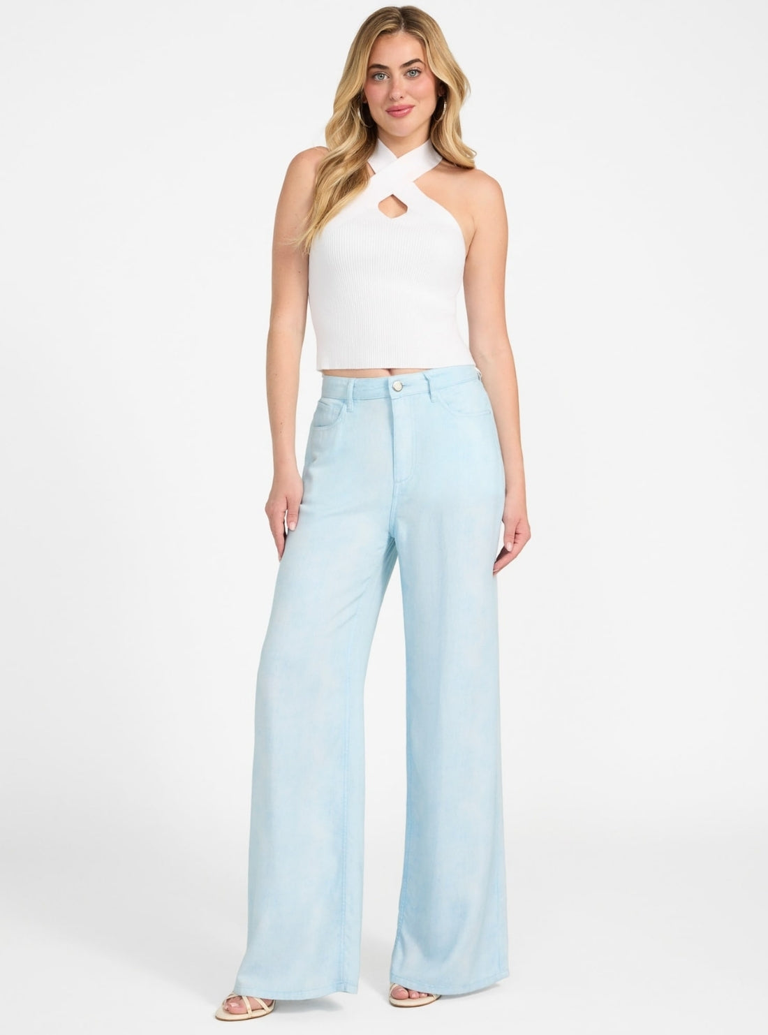 GUESS Womens High-Rise Bellflower Wide Leg Pants in Light Wash W5YA82W0310 Full View