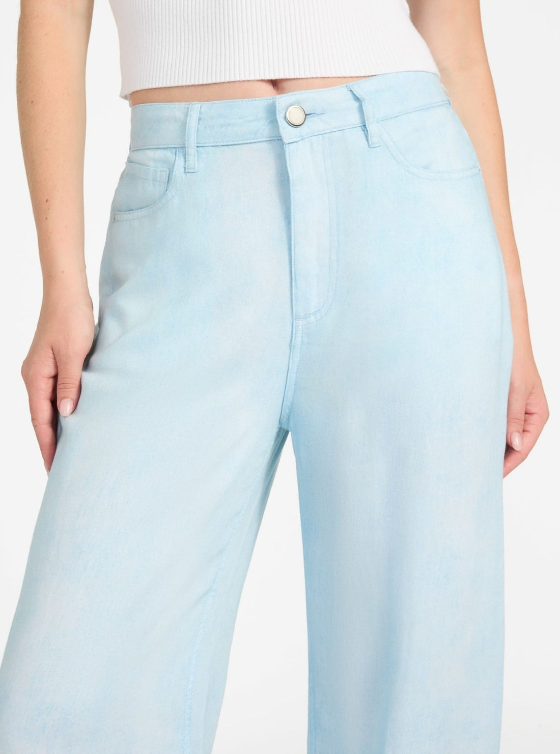 GUESS Womens High-Rise Bellflower Wide Leg Pants in Light Wash W5YA82W0310 Detail VIew