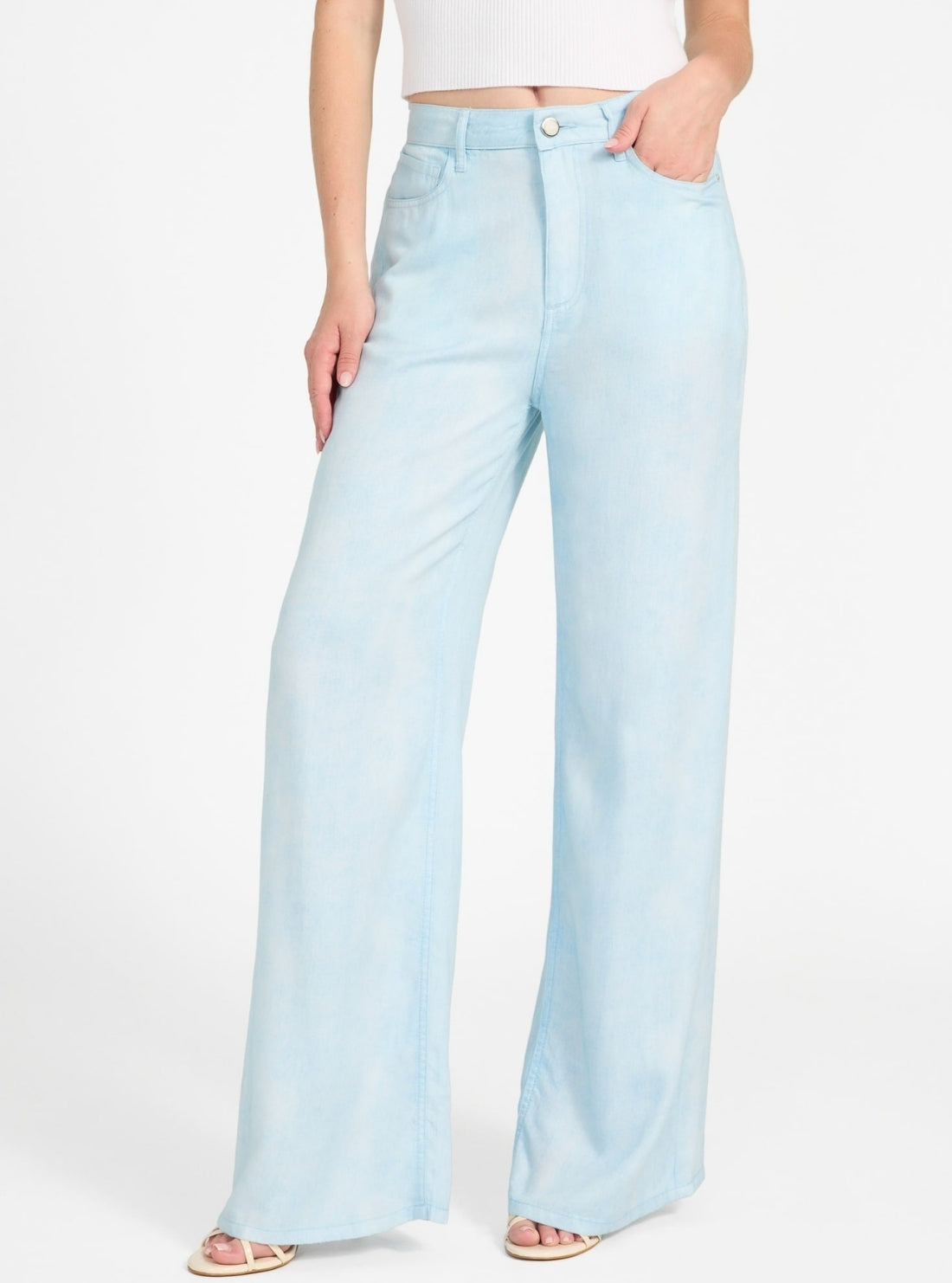 GUESS Womens High-Rise Bellflower Wide Leg Pants in Light Wash W5YA82W0310 Front View