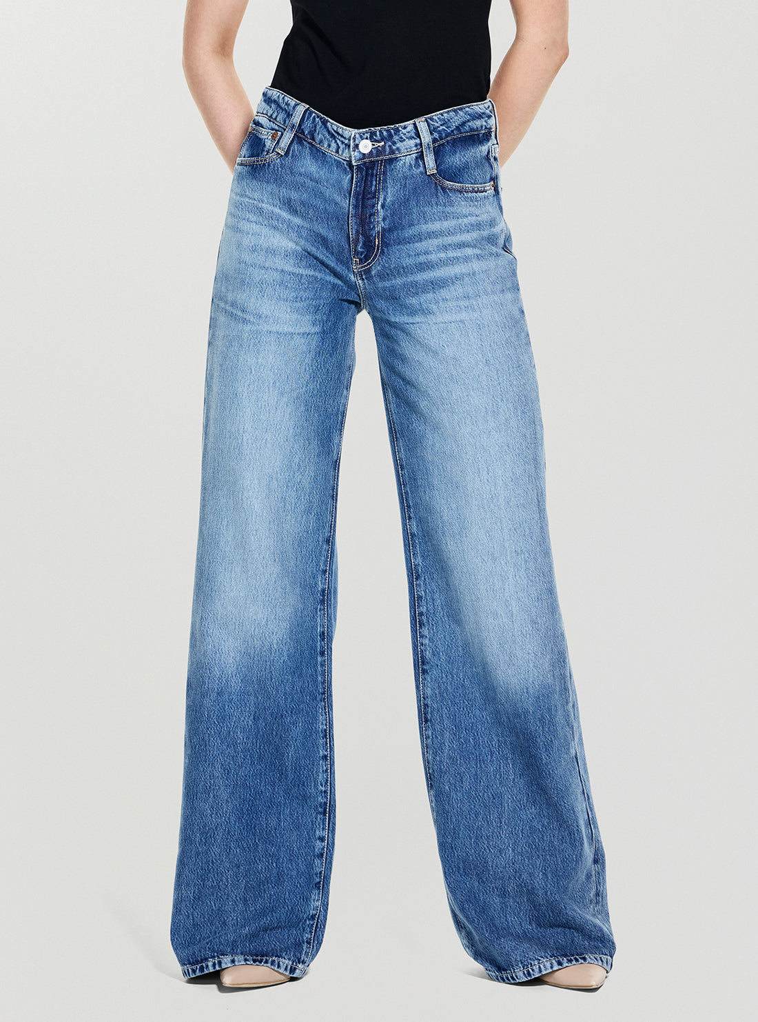 GUESS Womens High-Rise Sexy Palazzo Jeans in Medium Wash W5YA96D5QKB Front View