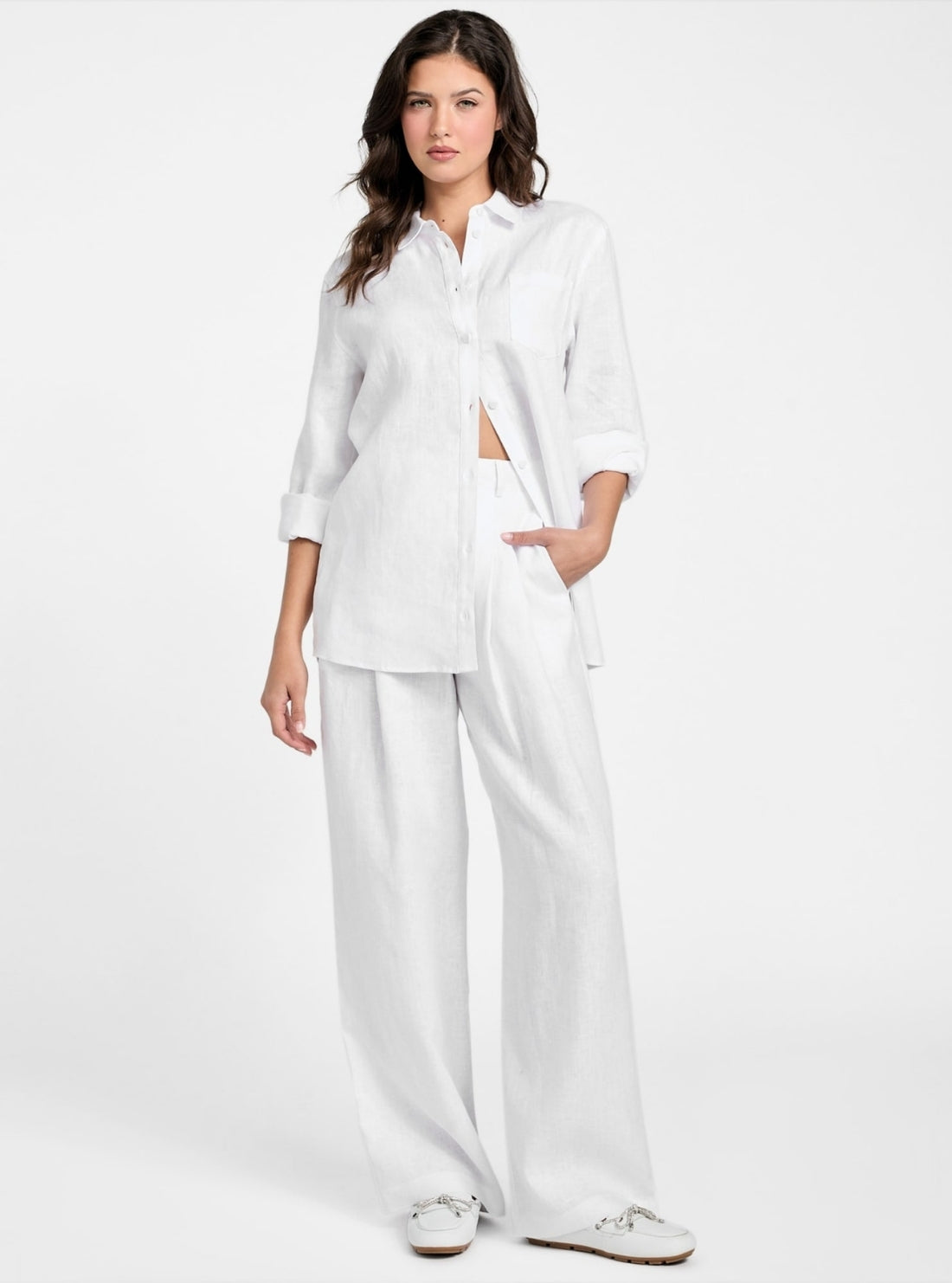 GUESS Womens Eco White Jenny Wide Leg Linen Pant W5YB67WCWA0 Full View