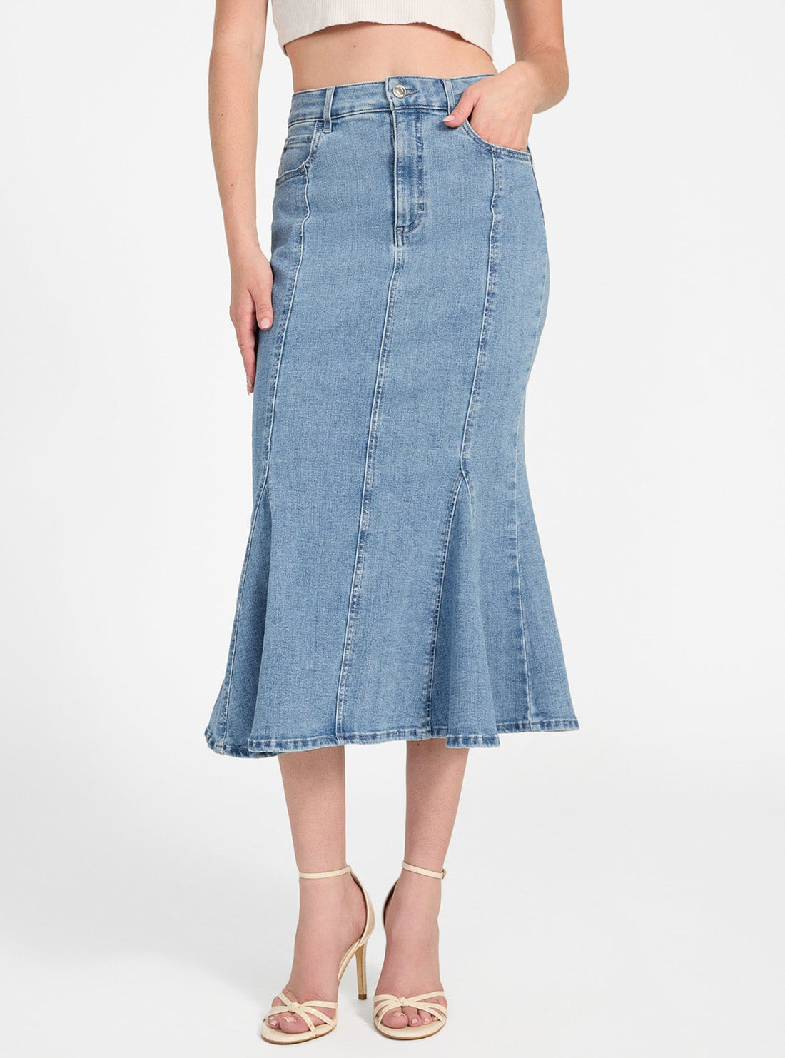 GUESS Womens Blue Lia Denim Midi Skirt W5YD0ED4LU0 Front View