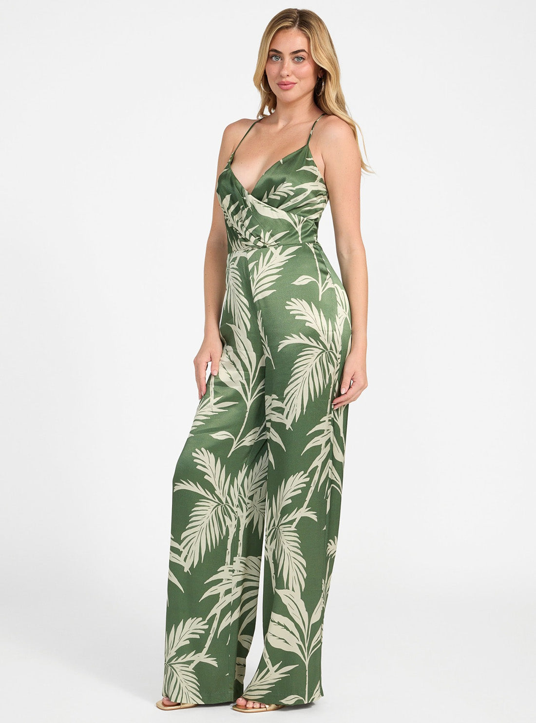 GUESS Womens Green Yasmin Satin Jumpsuit W5YD0RWGS70Full Side View