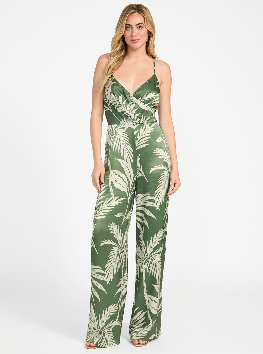 GUESS Womens Green Yasmin Satin Jumpsuit W5YD0RWGS70 Full View