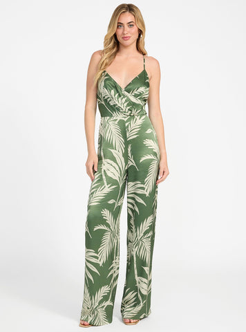 GUESS Womens Green Yasmin Satin Jumpsuit W5YD0RWGS70 Full View