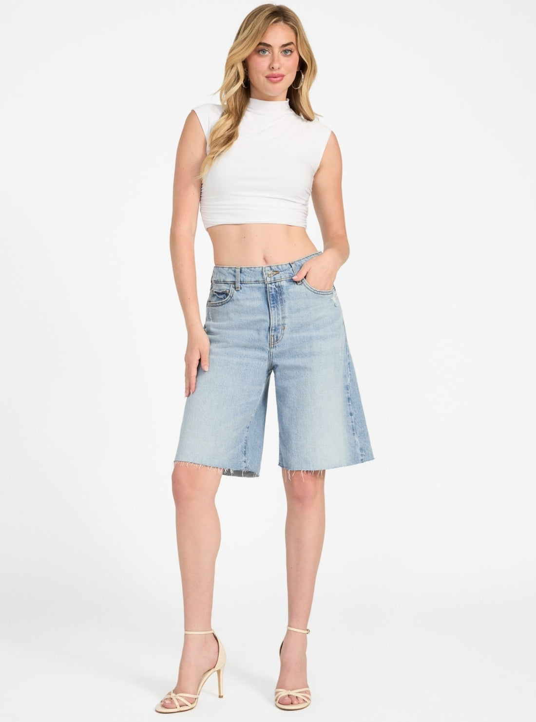 GUESS Womens Blue Kai Wide Leg Denim Shorts W5YD75D4K30 Full View