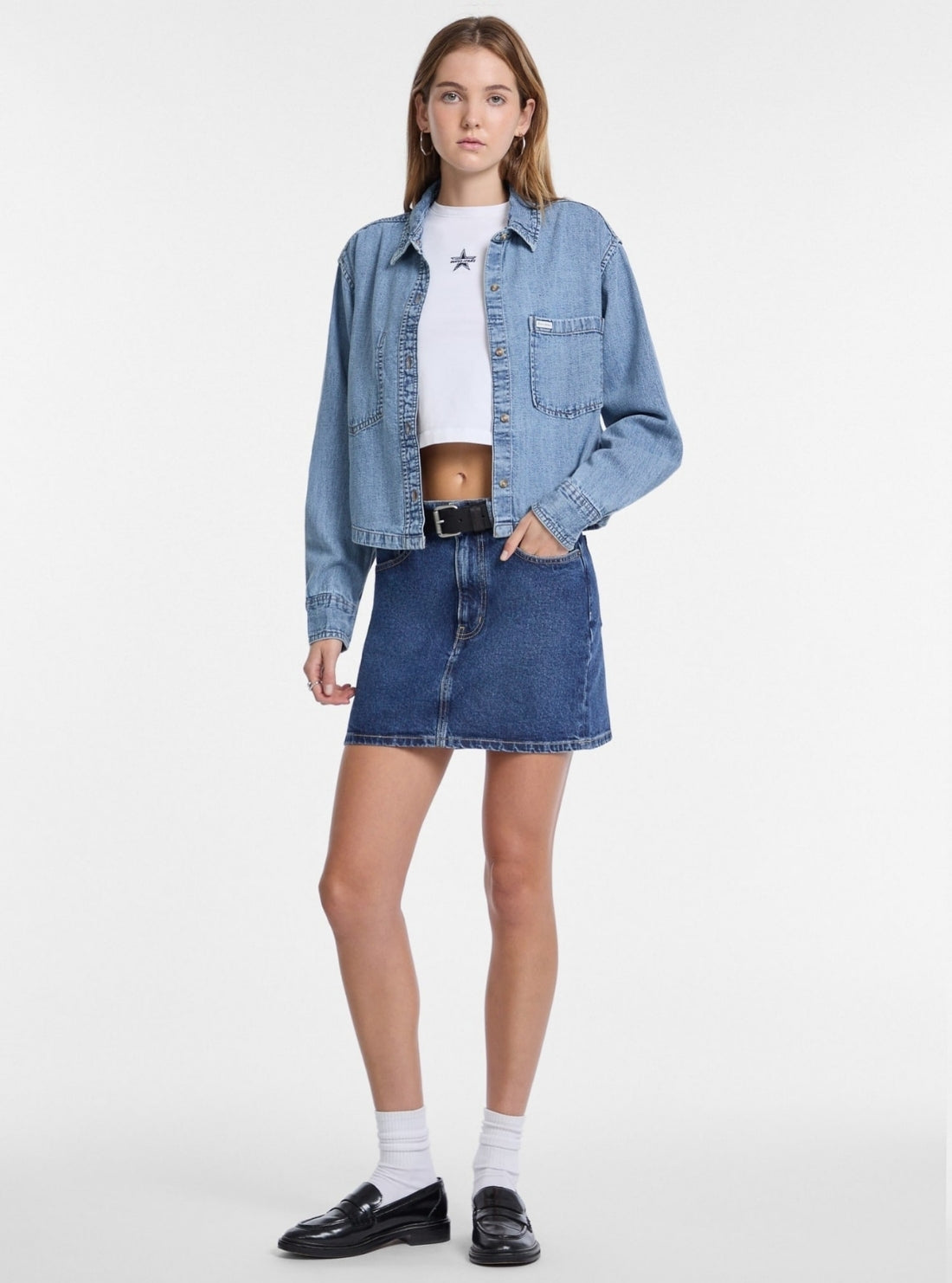 Guess Jeans Heritage Wash Cropped Denim Shirt W5YH0DD5M86 Full View
