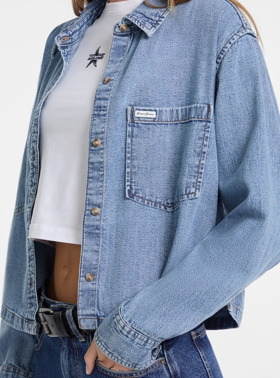 Guess Jeans Heritage Wash Cropped Denim Shirt W5YH0DD5M86 Detail View