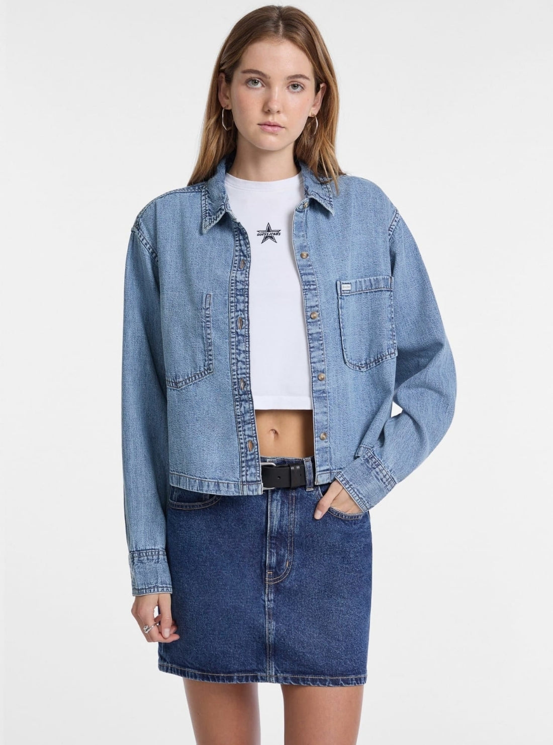 Guess Jeans Heritage Wash Cropped Denim Shirt W5YH0DD5M86 Front View