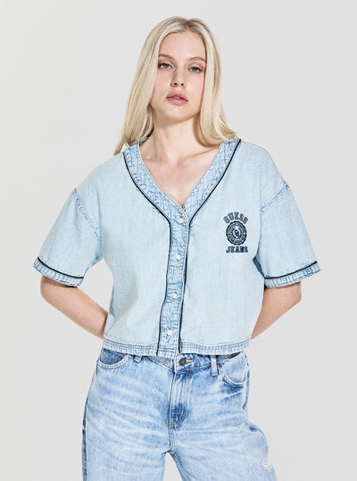 Guess Jeans Eco Cropped Baseball Denim Shirt W5YH0WD5M83 Front View