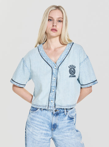 Guess Jeans Eco Cropped Baseball Denim Shirt W5YH0WD5M83 Front View
