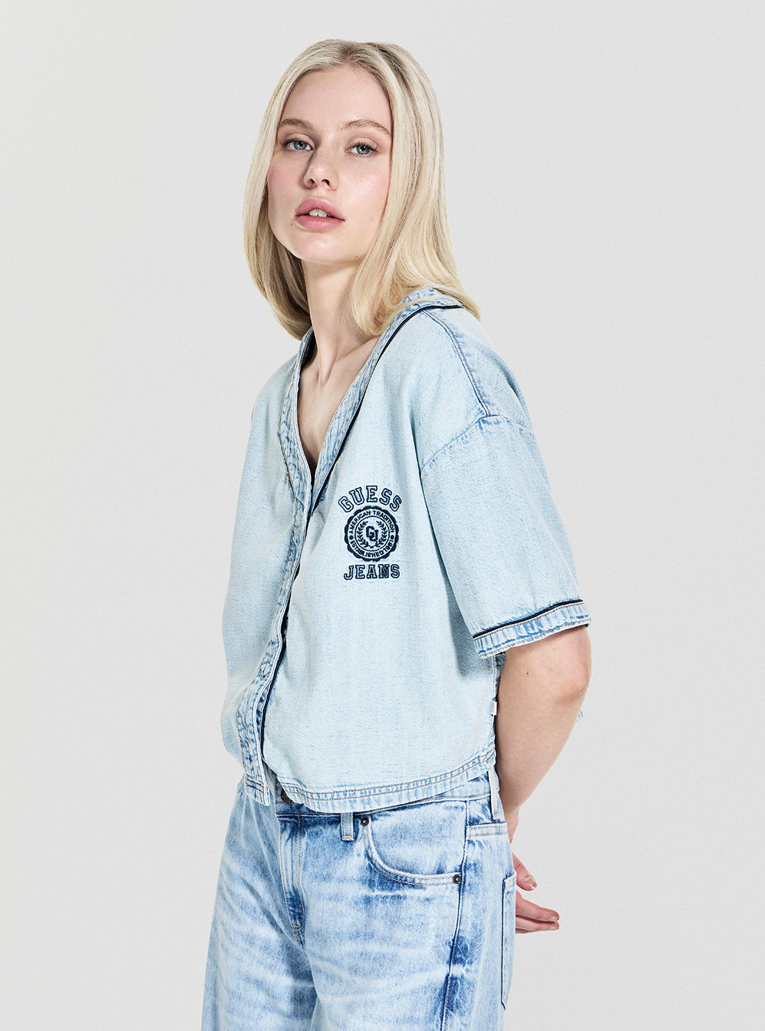 Guess Jeans Eco Cropped Baseball Denim Shirt W5YH0WD5M83 Side View