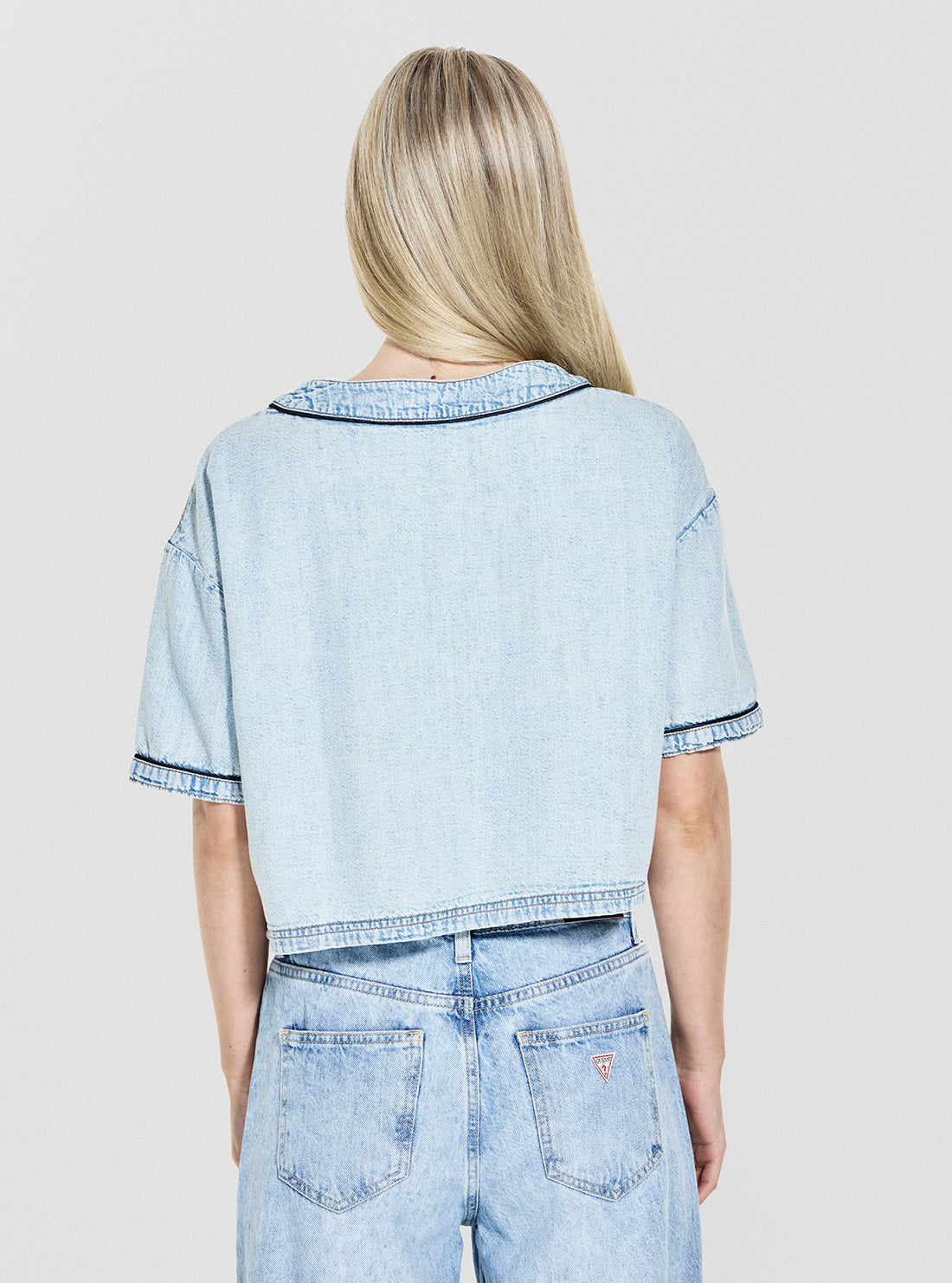 Guess Jeans Eco Cropped Baseball Denim Shirt W5YH0WD5M83 Back View