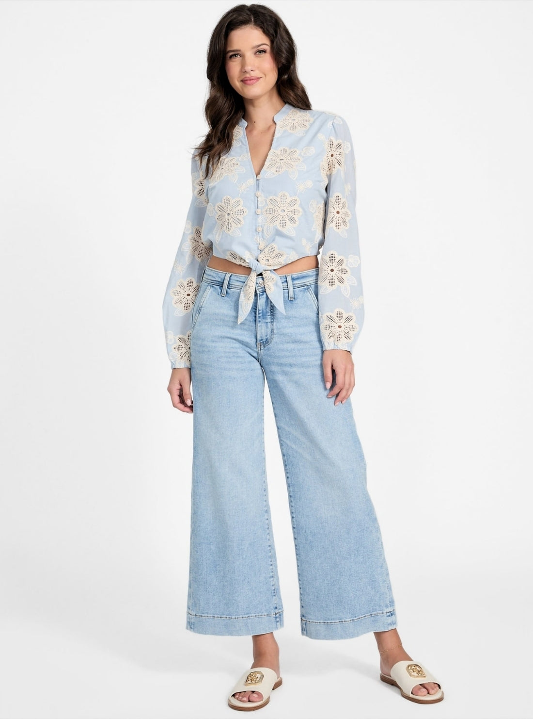 GUESS Womens Blue Hazel Tie Front Top W5YH1BWHEO0 Full View