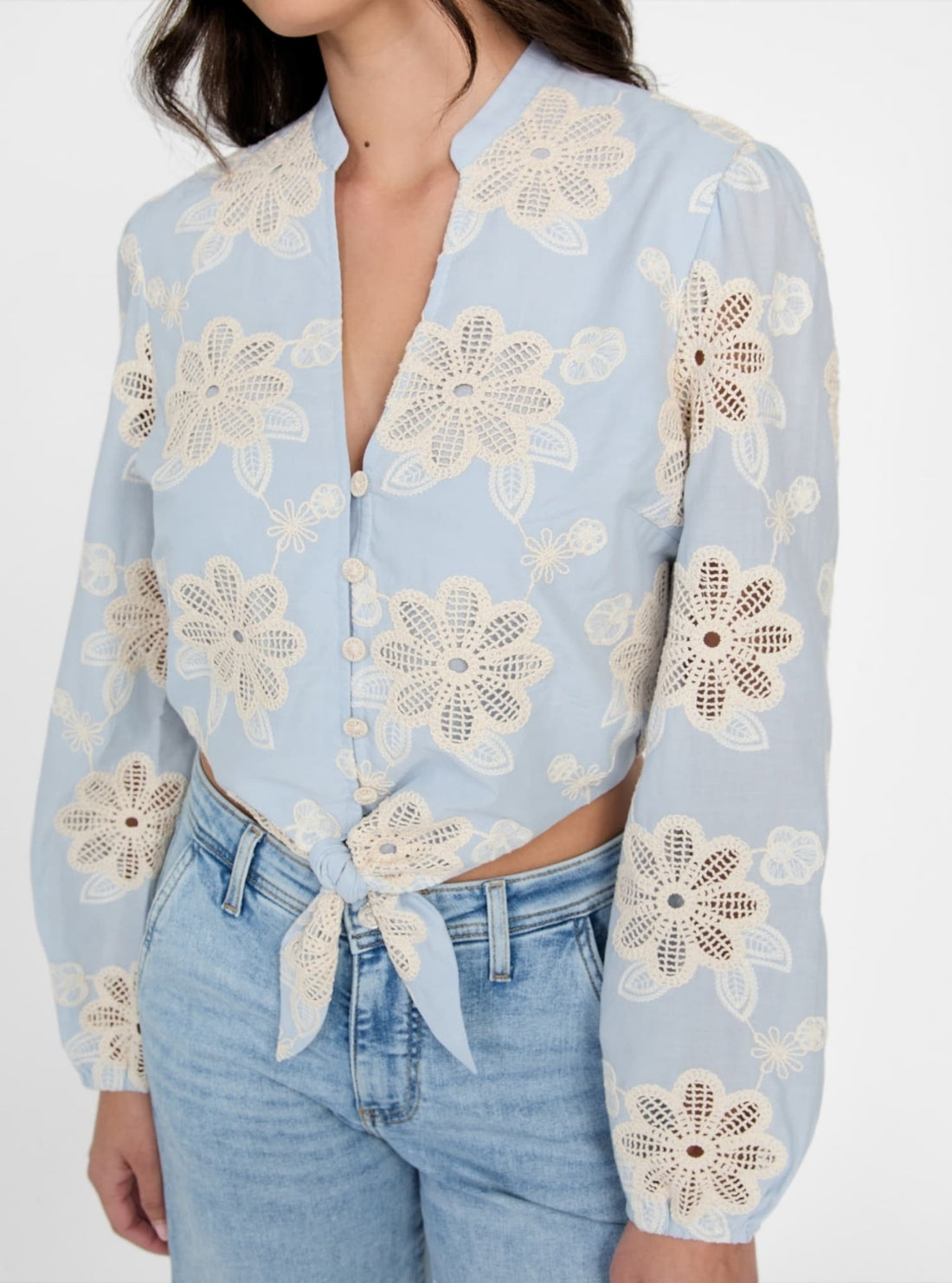 GUESS Womens Blue Hazel Tie Front Top W5YH1BWHEO0 Detaill View