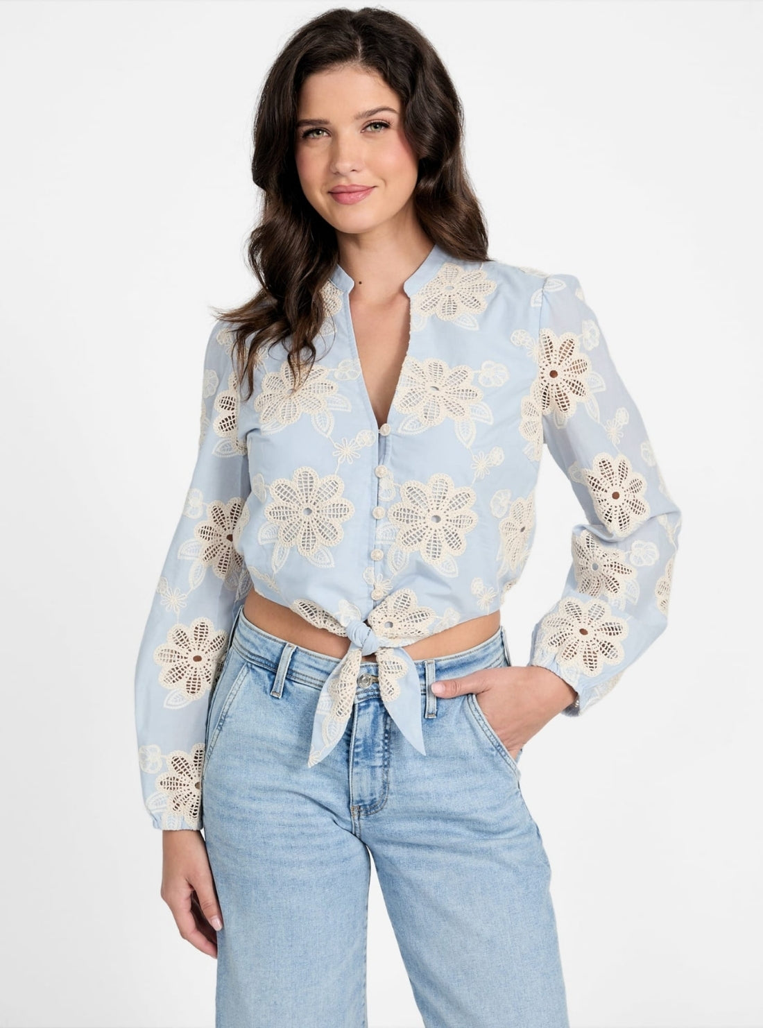 GUESS Womens Blue Hazel Tie Front Top W5YH1BWHEO0 Front View