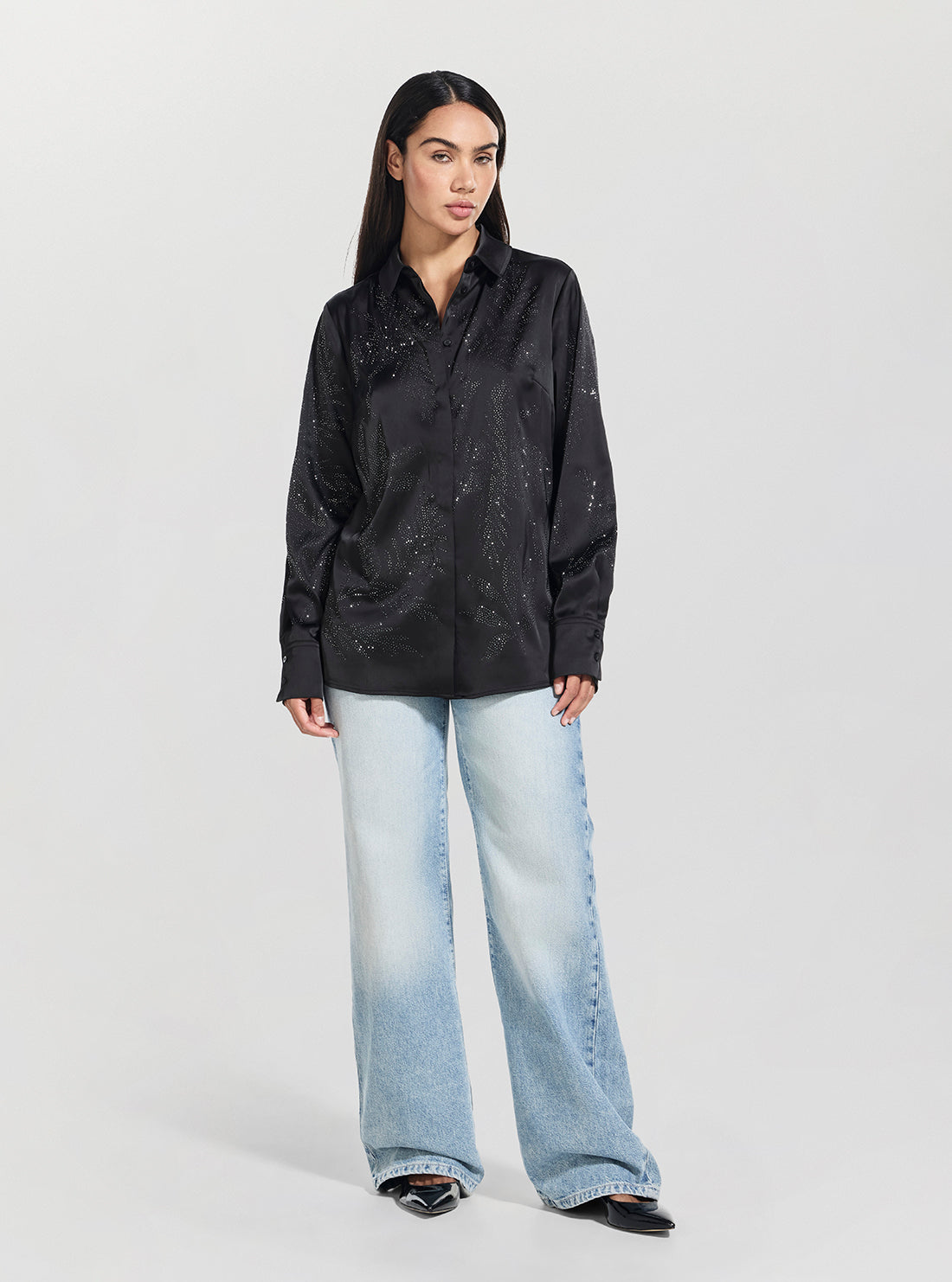 GUESS Womens Black Agnes Hotfix Shirt W5YH40WFQC2 Full View