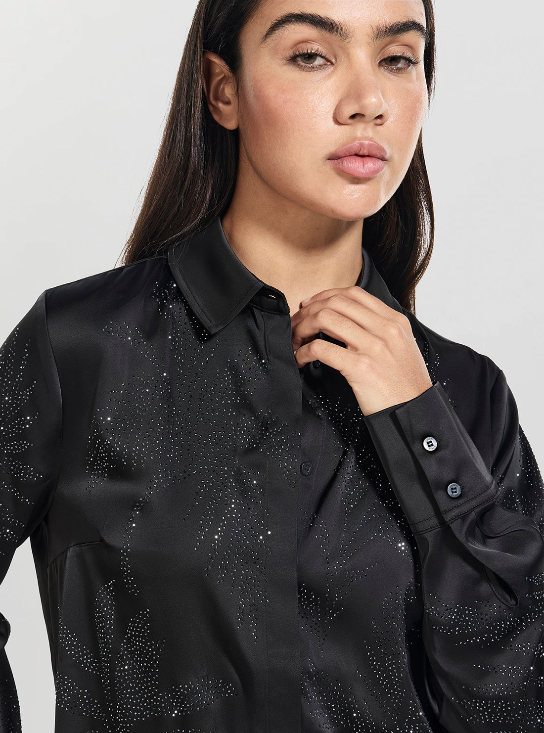 GUESS Womens Black Agnes Hotfix Shirt W5YH40WFQC2 Detail View