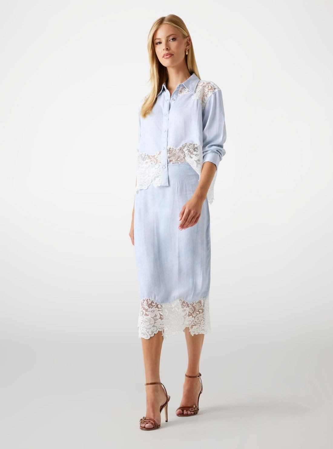 GUESS Womens Blue Evie Lace Denim Top W5YH74W0310 Full View