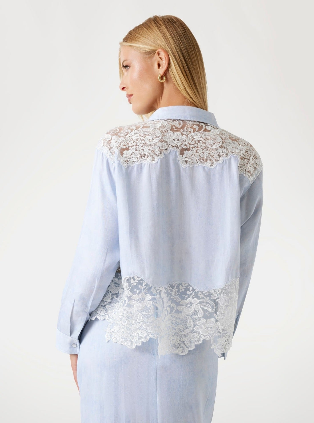 GUESS Womens Blue Evie Lace Denim Top W5YH74W0310 Back View