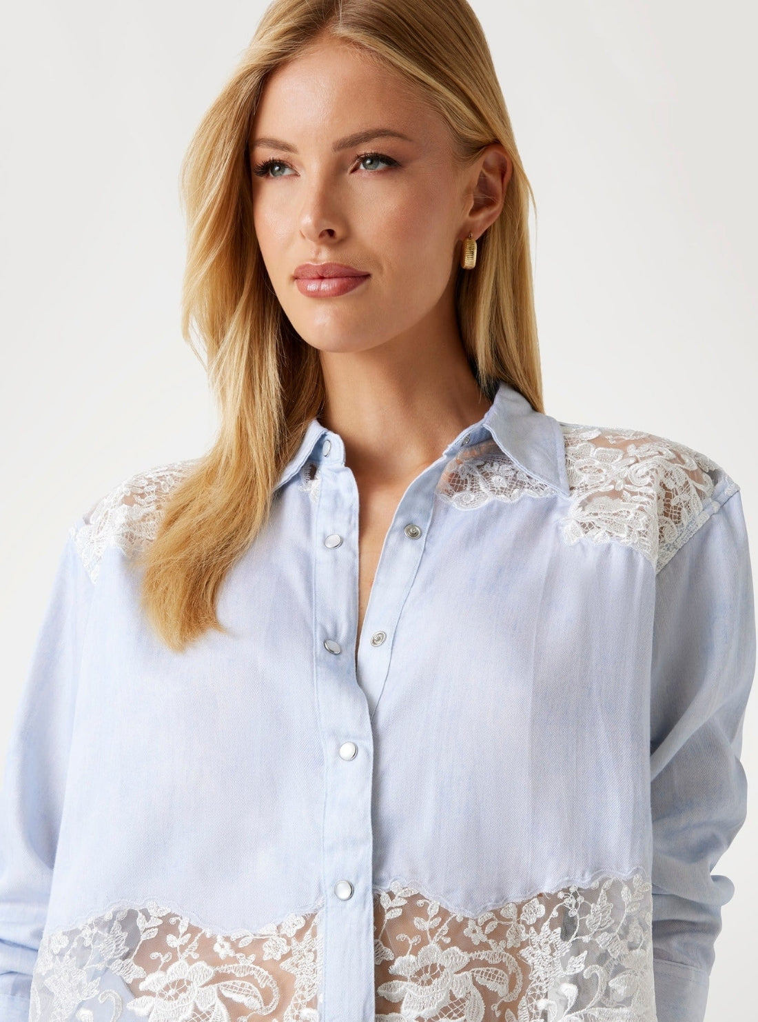 GUESS Womens Blue Evie Lace Denim Top W5YH74W0310 Detail View