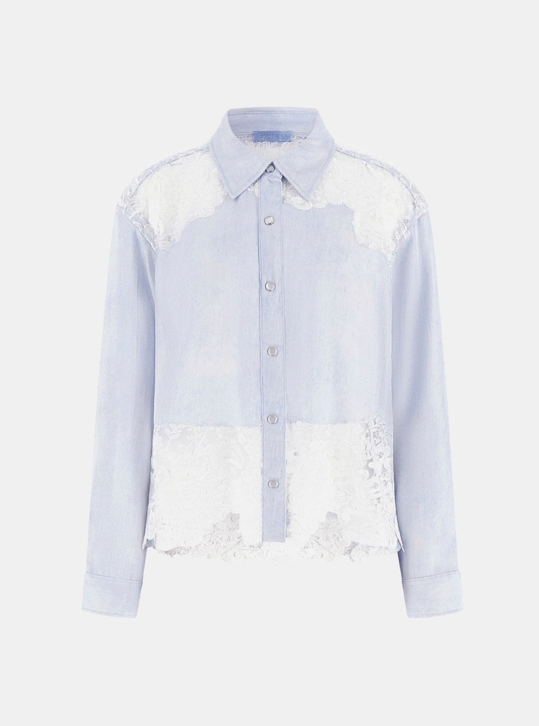 GUESS Womens Blue Evie Lace Denim Top W5YH74W0310 Flatlay