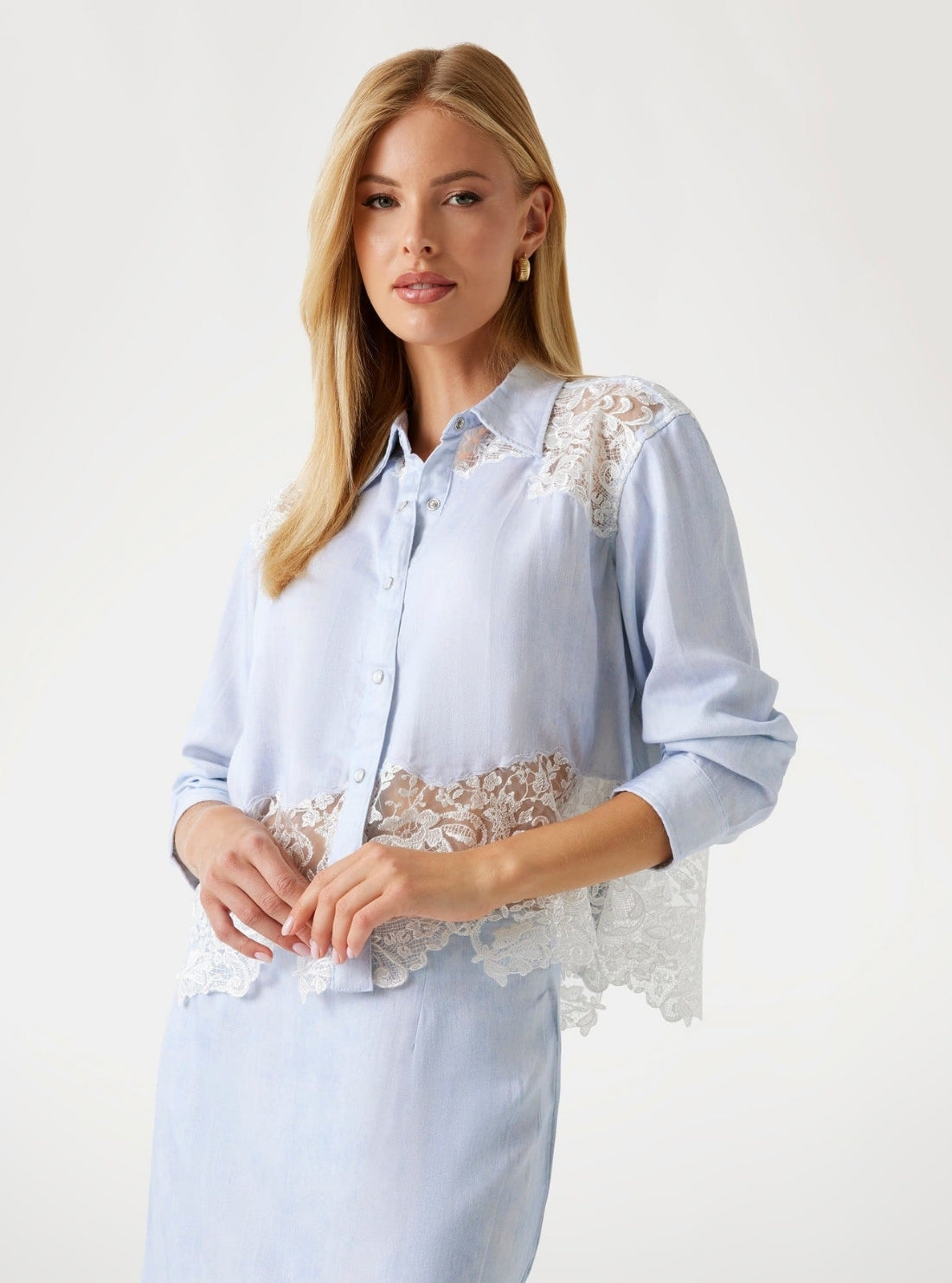 GUESS Womens Blue Evie Lace Denim Top W5YH74W0310 Front View