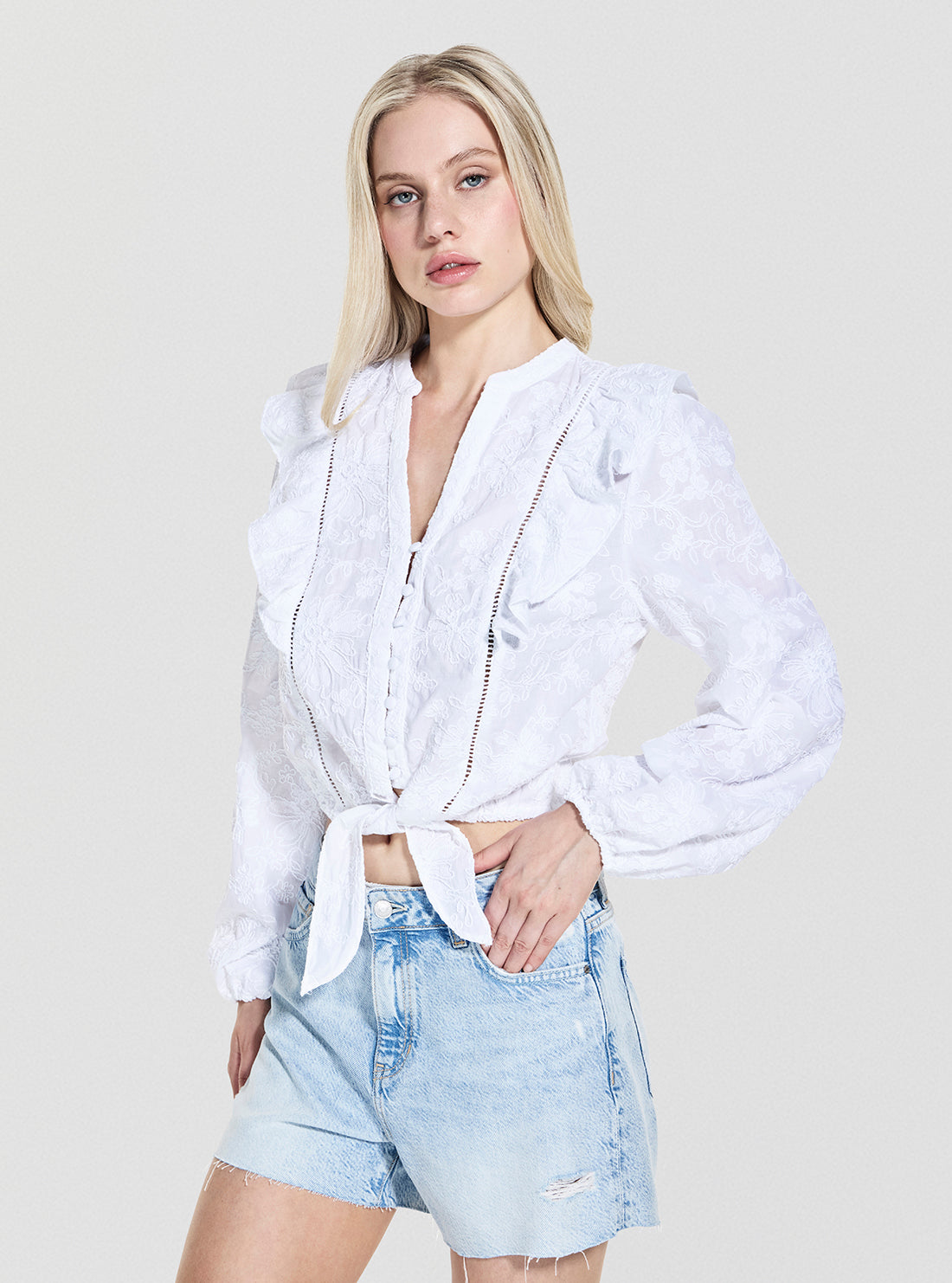 GUESS Womens White Long Sleeve Serin Top W5YH80WHEN0 Front Side View