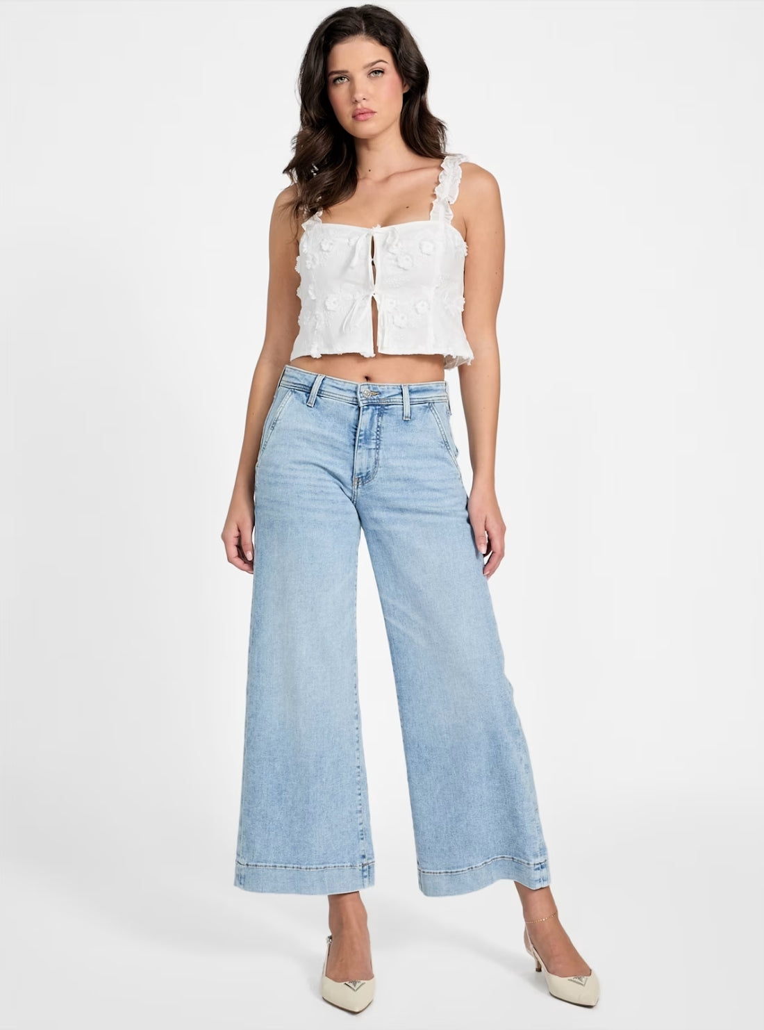 GUESS Womens White Zurey Cropped Top W5YH85WHAJ0 Full View