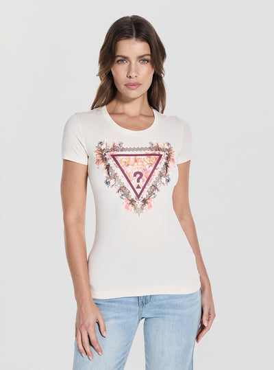 GUESS White Triangle Flowers T-Shirt W5YI08J1314 Front View