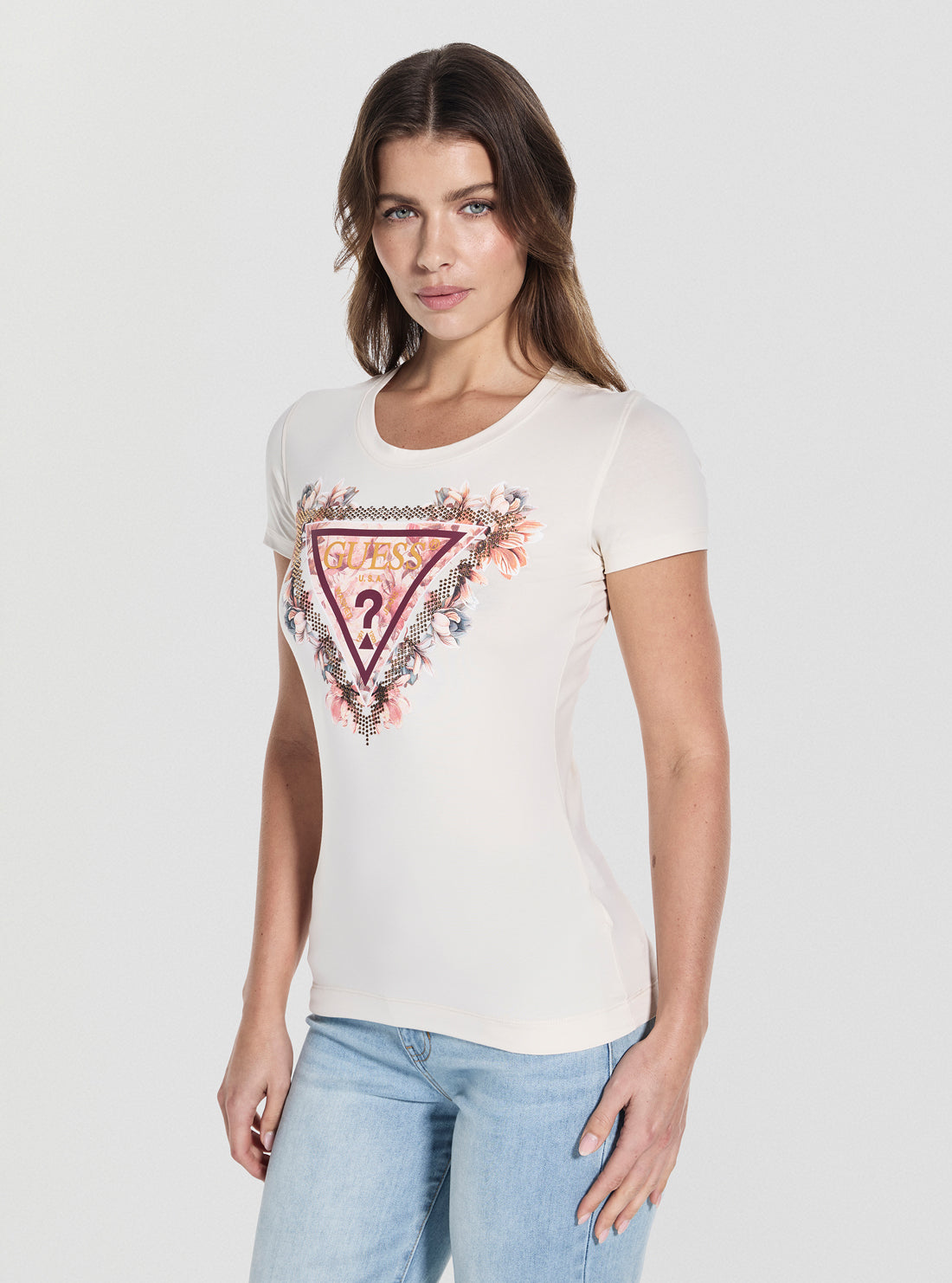 GUESS White Triangle Flowers T-Shirt W5YI08J1314 Front Side View