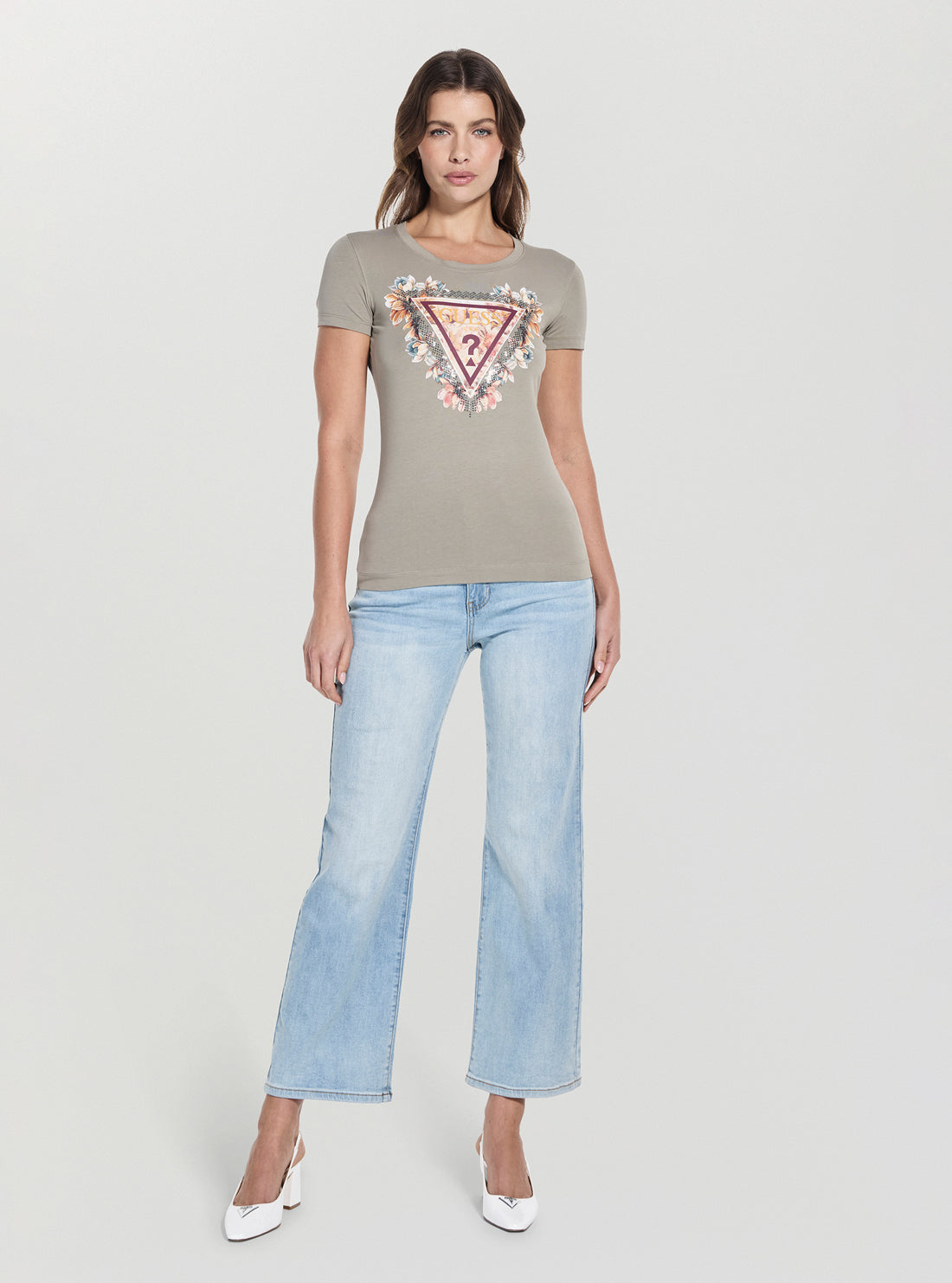 GUESS Womens Green Triangle Flowers T-Shirt W5YI08J1314 Full View