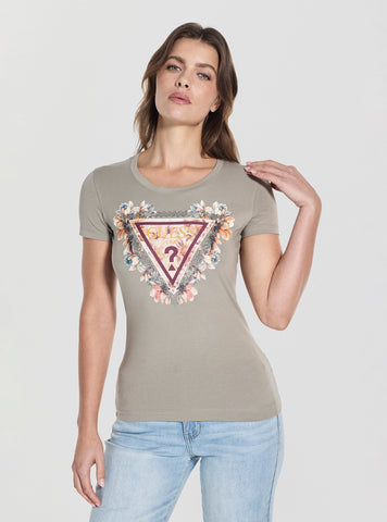 GUESS Womens Green Triangle Flowers T-Shirt W5YI08J1314 Front View