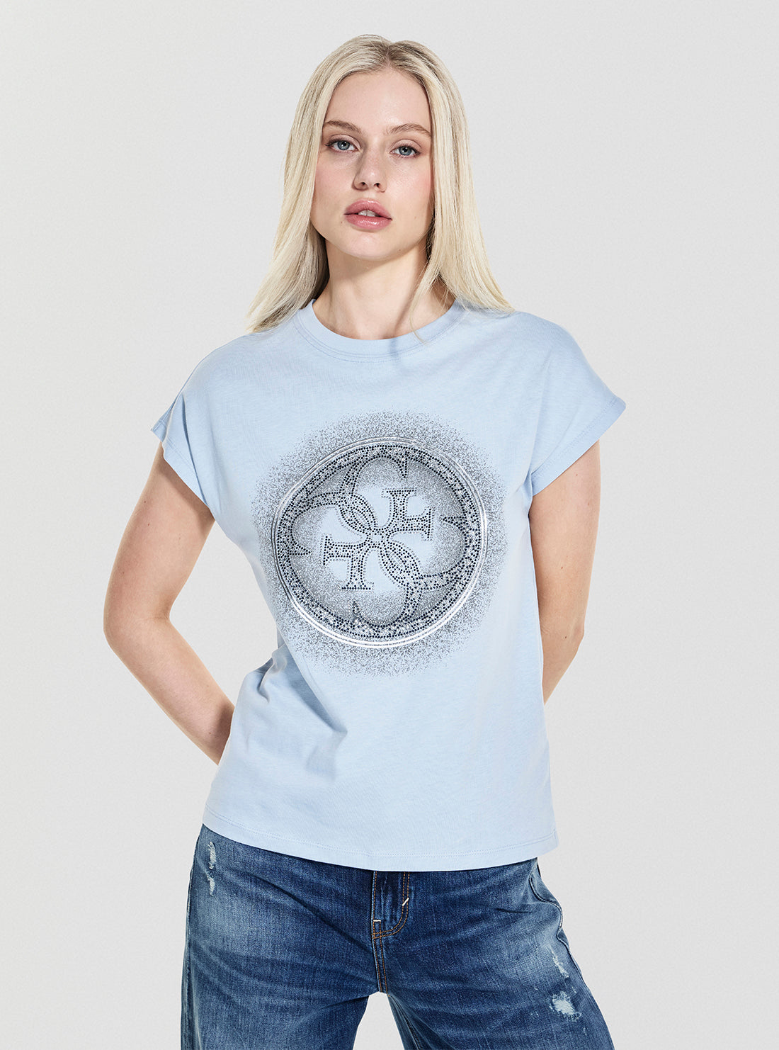 GUESS Womens Blue Shaded Hotfix T-Shirt W5YI14I3Z14 Front View
