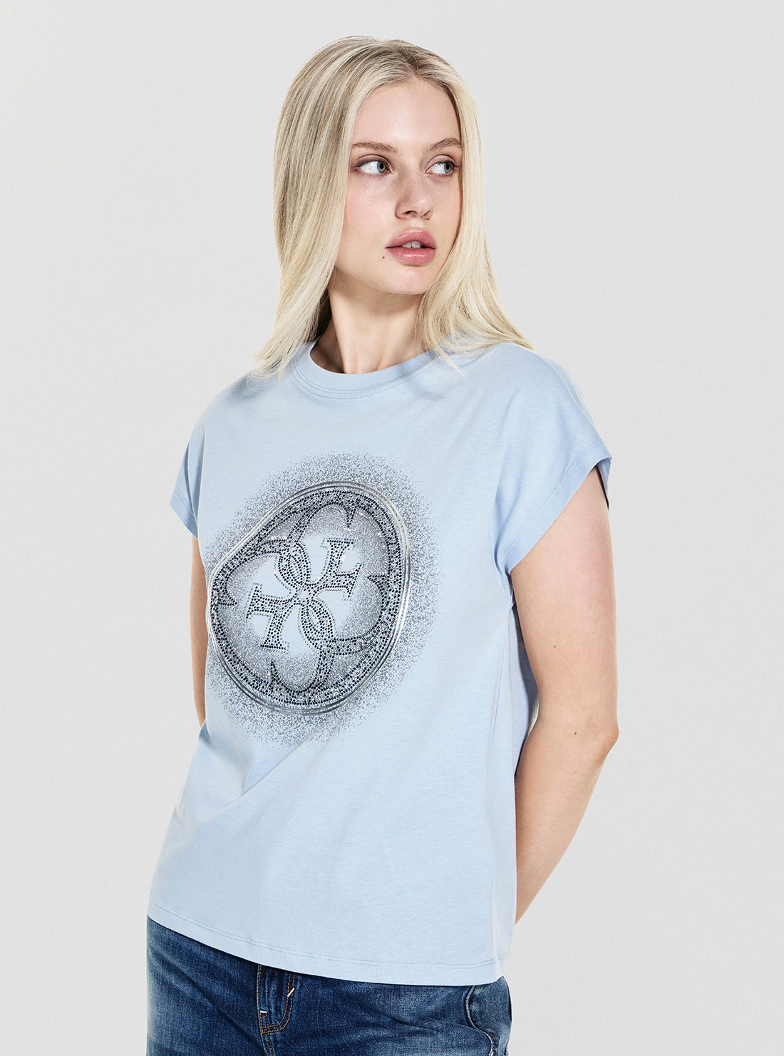 GUESS Womens Blue Shaded Hotfix T-Shirt W5YI14I3Z14 Side View