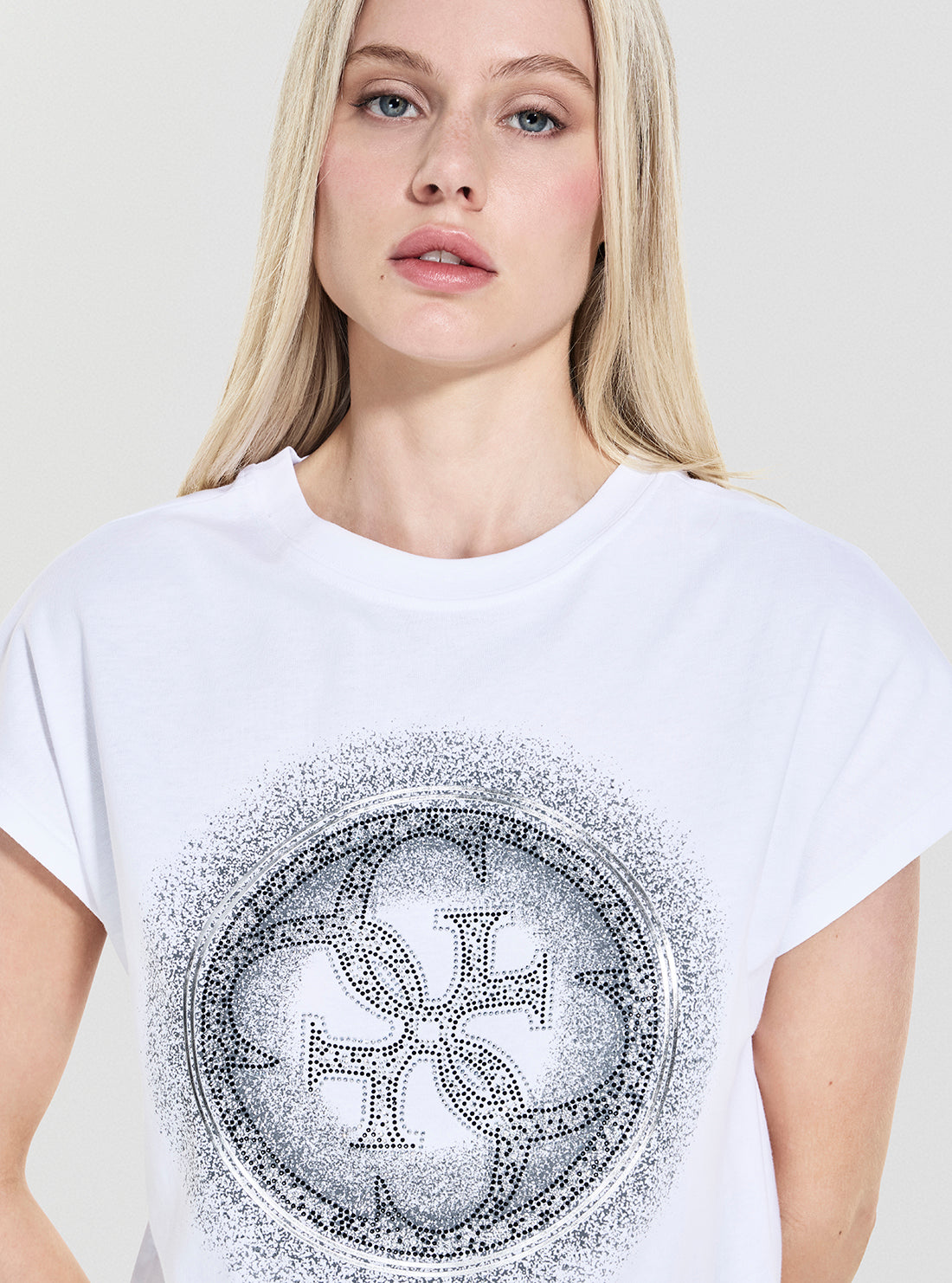 GUESS Womens White Shaded Hotfix T-Shirt W5YI14I3Z14 Detail View