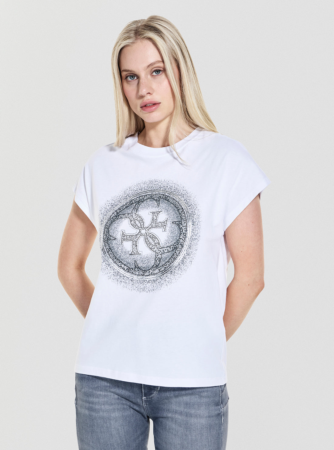 GUESS Womens White Shaded Hotfix T-Shirt W5YI14I3Z14 Front View