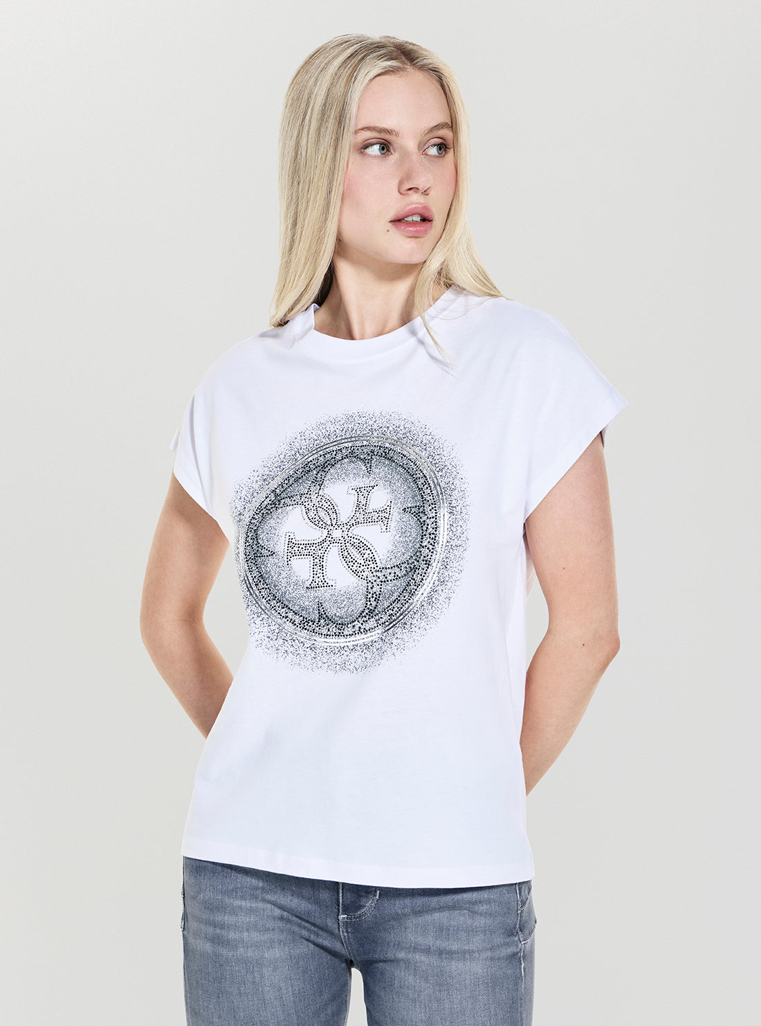 GUESS Womens White Shaded Hotfix T-Shirt W5YI14I3Z14 Front Side View
