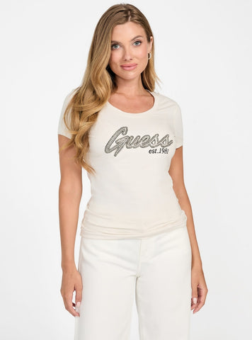 GUESS Womens White Logo Hot Fix T-Shirt W5YI16J1314 Front View