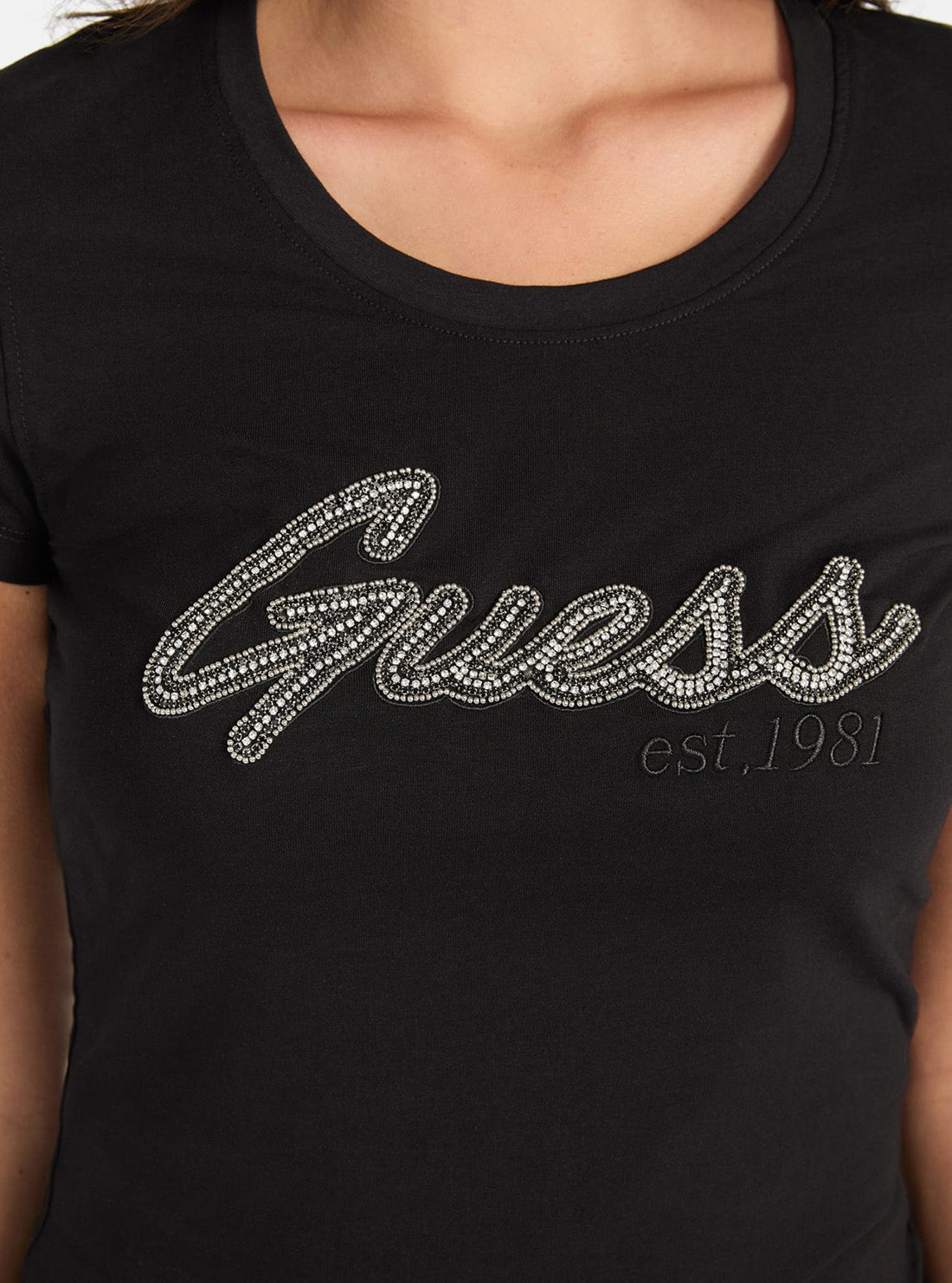 GUESS Womens Black Logo Hot Fix T-Shirt W5YI16J1314 Detail View