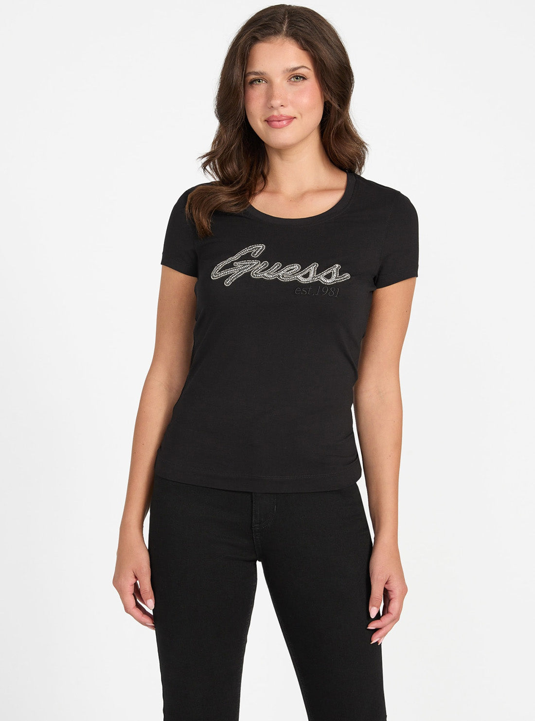 GUESS Womens Black Logo Hot Fix T-Shirt W5YI16J1314 Front View