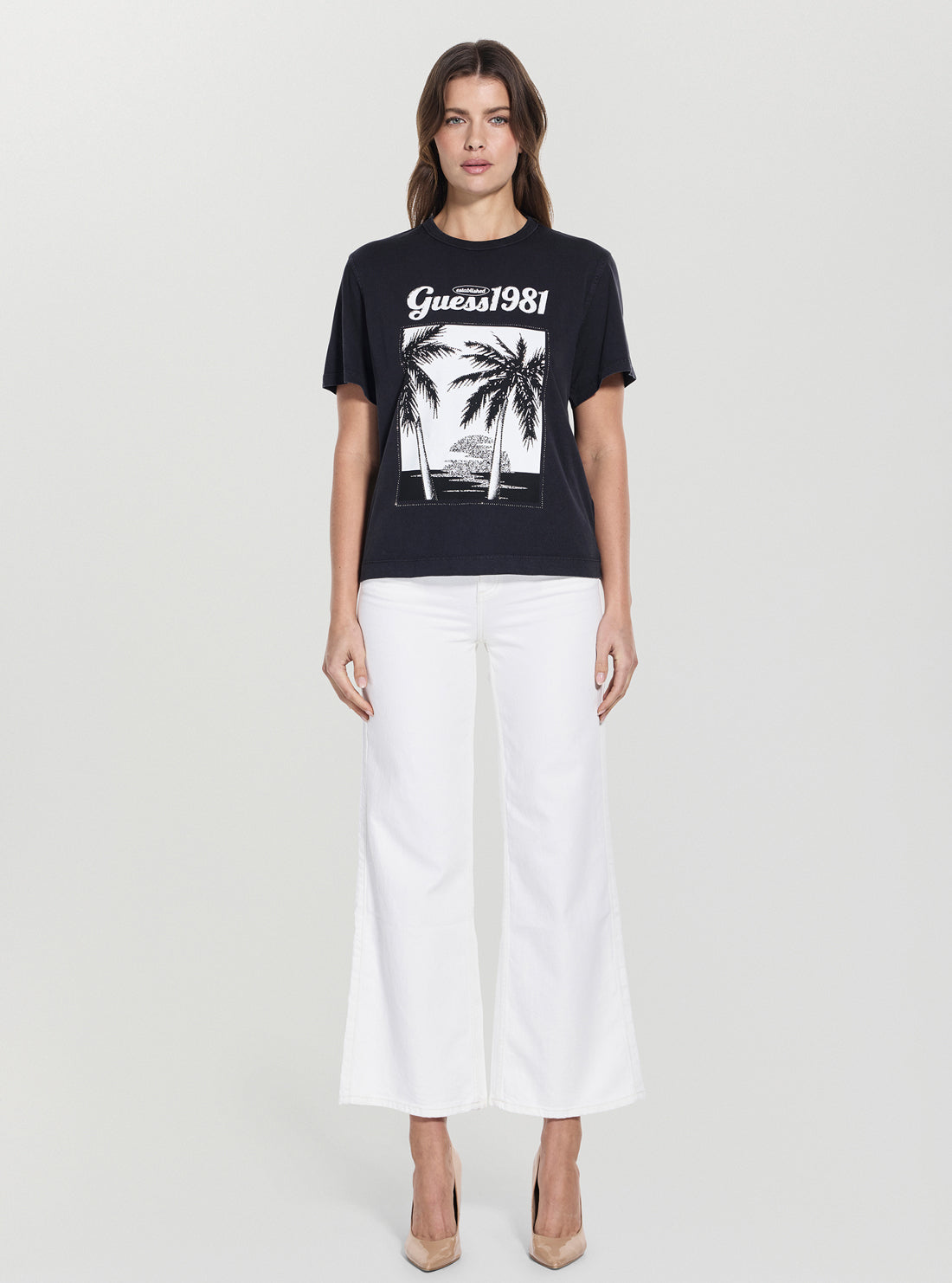 GUESS Womens Black Palm Print Washed T-Shirt W5YI17I3Z14 Full View