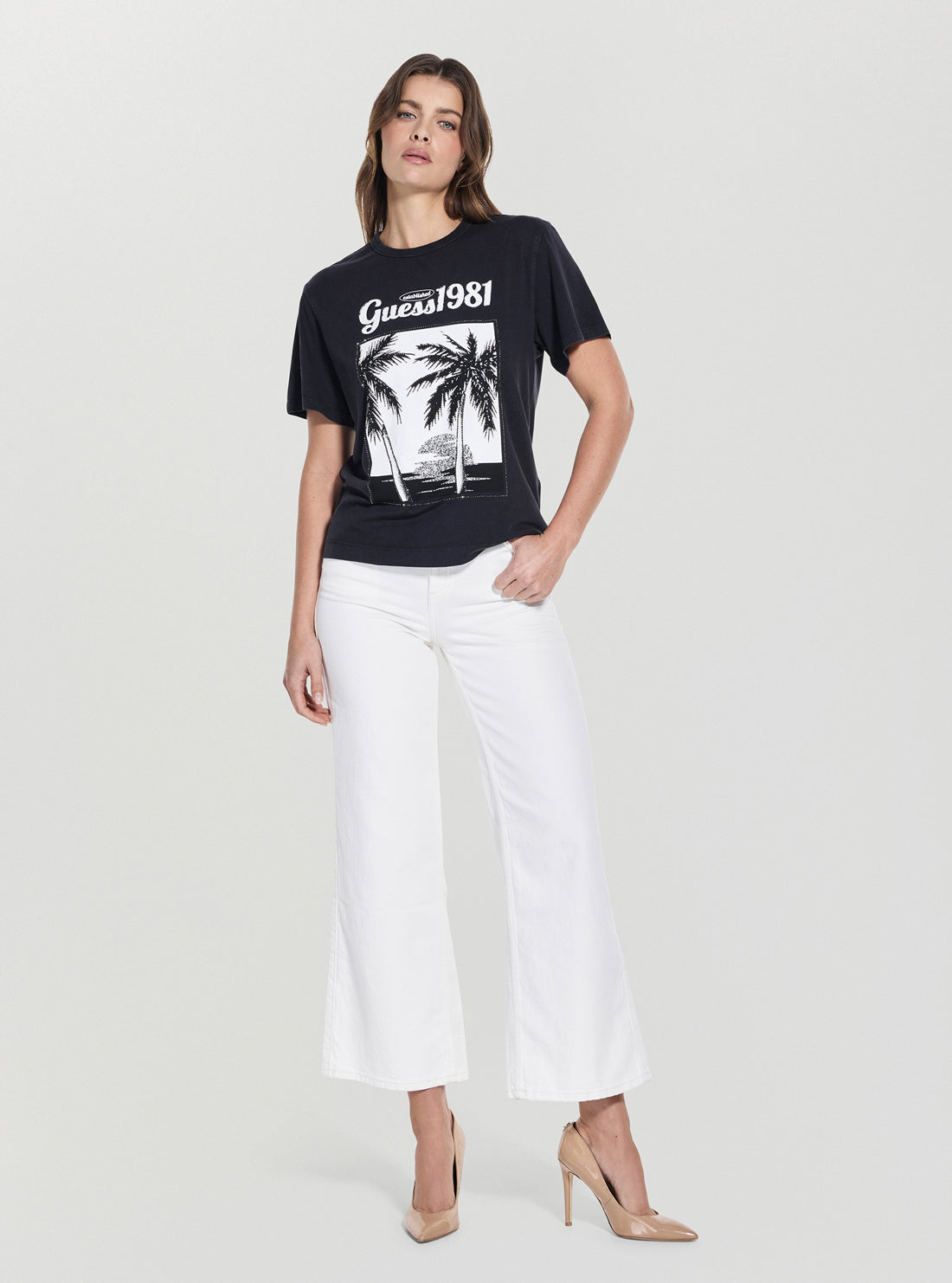 GUESS Womens Black Palm Print Washed T-Shirt W5YI17I3Z14 Full View