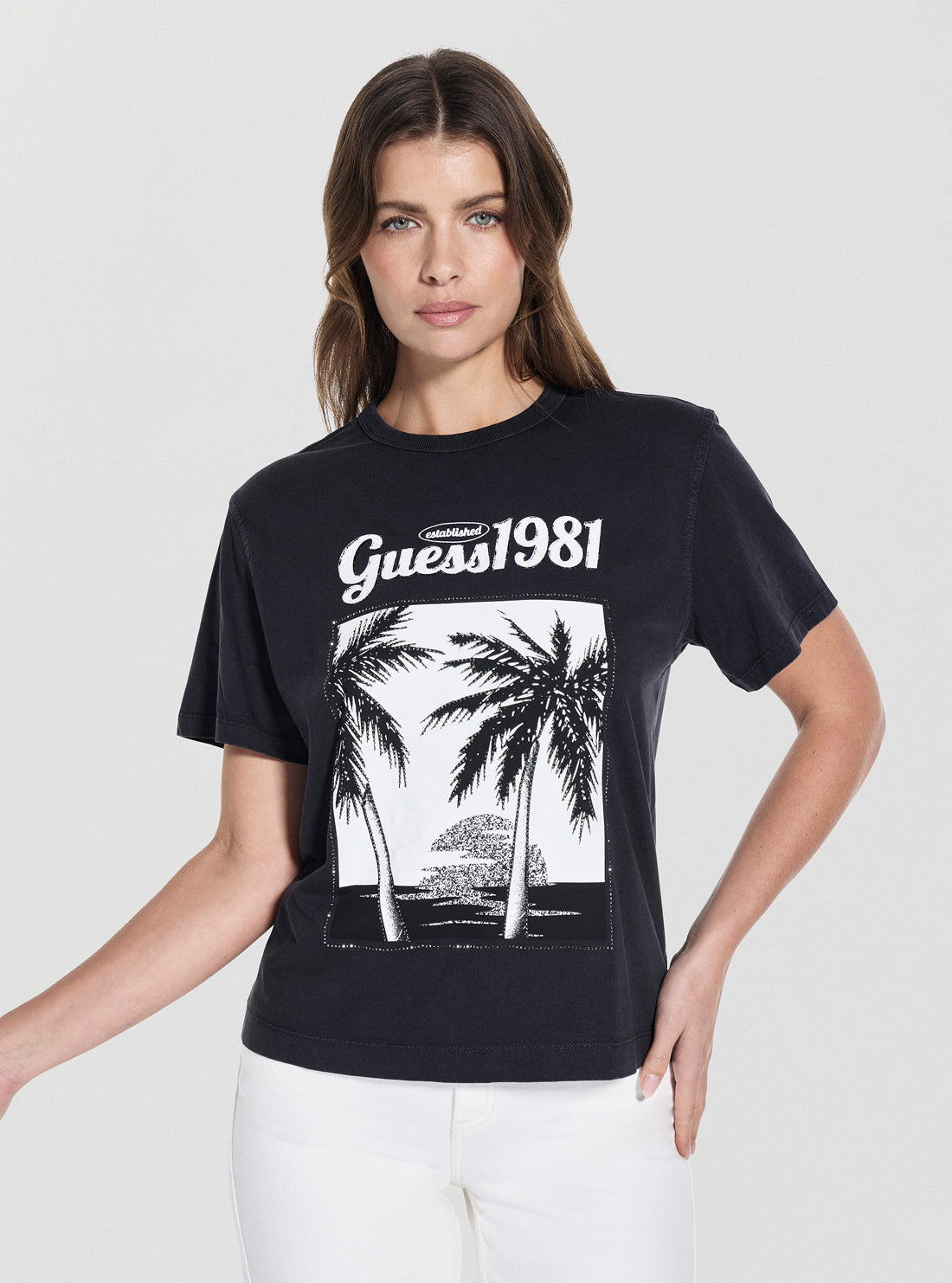 GUESS Womens Black Palm Print Washed T-Shirt W5YI17I3Z14 Front View
