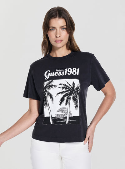 GUESS Womens Black Palm Print Washed T-Shirt W5YI17I3Z14 Front View