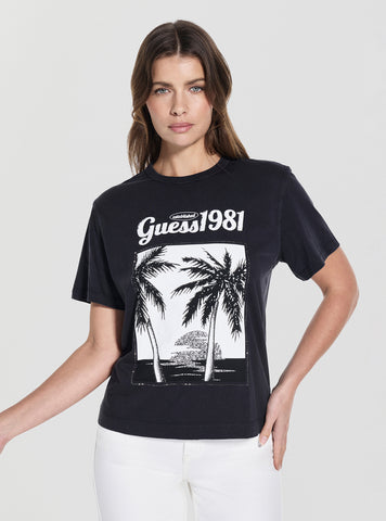 GUESS Womens Black Palm Print Washed T-Shirt W5YI17I3Z14 Front View