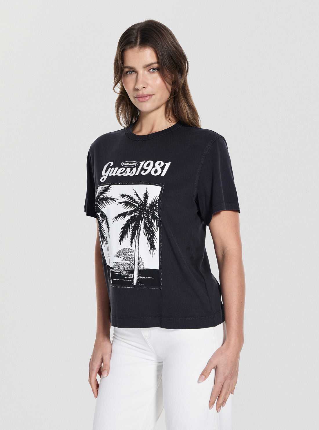 GUESS Womens Black Palm Print Washed T-Shirt W5YI17I3Z14 Front side View