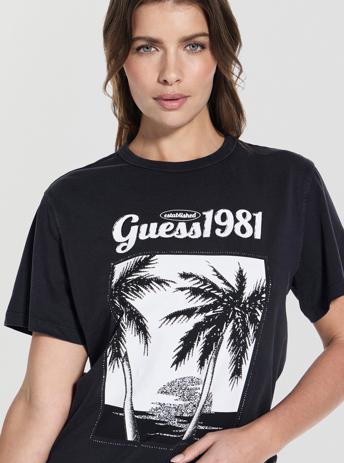 GUESS Womens Black Palm Print Washed T-Shirt W5YI17I3Z14 Detail View