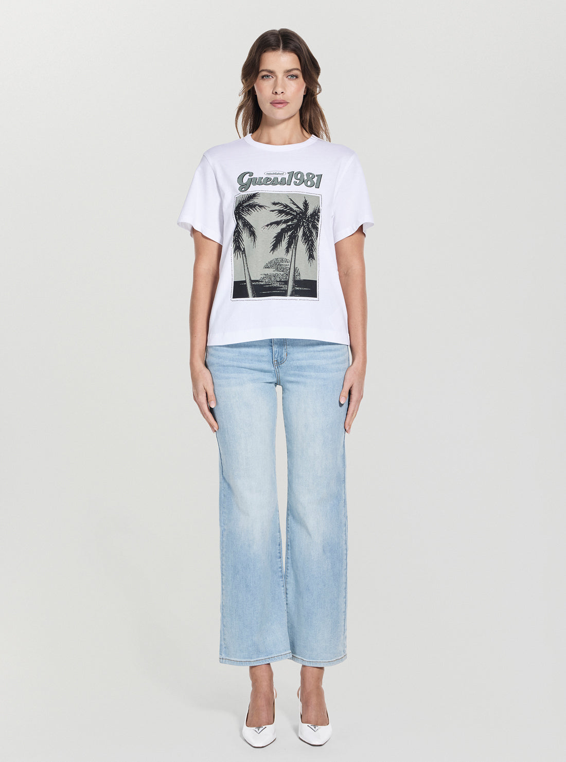 GUESS Womens White Palm Print Washed T-Shirt W5YI17I3Z14 Full View